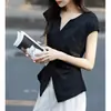 Camiseta Elegante de Cuello en V y Manga Corta Estilo Francés para Mujer, Nuevo Modelo de Verano con Abertura Asimétrica, Cintura Fruncida, Efecto Adelgazante, Adecuada para el Trabajo