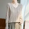 Suéter de punto de lana de terciopelo con cuello en V retorcido estilo vintage para mujer, suéter fino de manga larga para otoño e invierno, capa base cálida