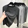 Camisa base de manga larga a rayas con cuello redondo, nueva y elegante, para mujer, a la moda y versátil, elástica, adelgazante y adecuada para el trabajo.
