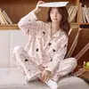 Pijama de Algodão Imitado para Mulheres 2026 Nova Coleção Primavera e Outono Manga Longa Calça Longa Xadrez Desenho Animado Estilo Japonês Conjunto para Casa Pode Ser Usado Fora