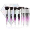 Nuevo juego de 10 brochas de maquillaje de vidrio transparente con mango de diamante, embalaje de PU de diamante, pelo de fibra, venta al por mayor de fábrica