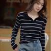 Suéter de punto NUNBAI con cuello polo a rayas Suéter base estilo coreano cuello en V Simple para ir al trabajo estilo perezoso Top para mujer