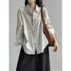 Camisa longa listrada color block elegante de caimento solto para mulheres, novo estilo primavera e outono, chique, luxo leve, rejuvenescedora, top da moda para sobreposição