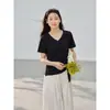 Camiseta Feminina Manga Curta Gola V Irregular Ge Ming Verão Guangzhou Shisanhang Ajustada na Cintura Barra Top N562A