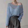 Chique Coreano Verão Simples Gola Redonda Pulôver Top Solto Corte Fino Transparente Proteção Solar Malha Blusa para Mulheres
