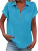Camisas Femininas de Algodão e Linho Soltas de Verão Europeias e Americanas Amazon Manga Curta Colarinho Algodão Casual Camisa de Botão