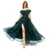 Vestido de noche de malla verde oscuro sin hombros para mujer, con abertura, adelgazante, falda larga, adecuado para banquetes, anfitrionas, exámenes de arte y vestidos de gala