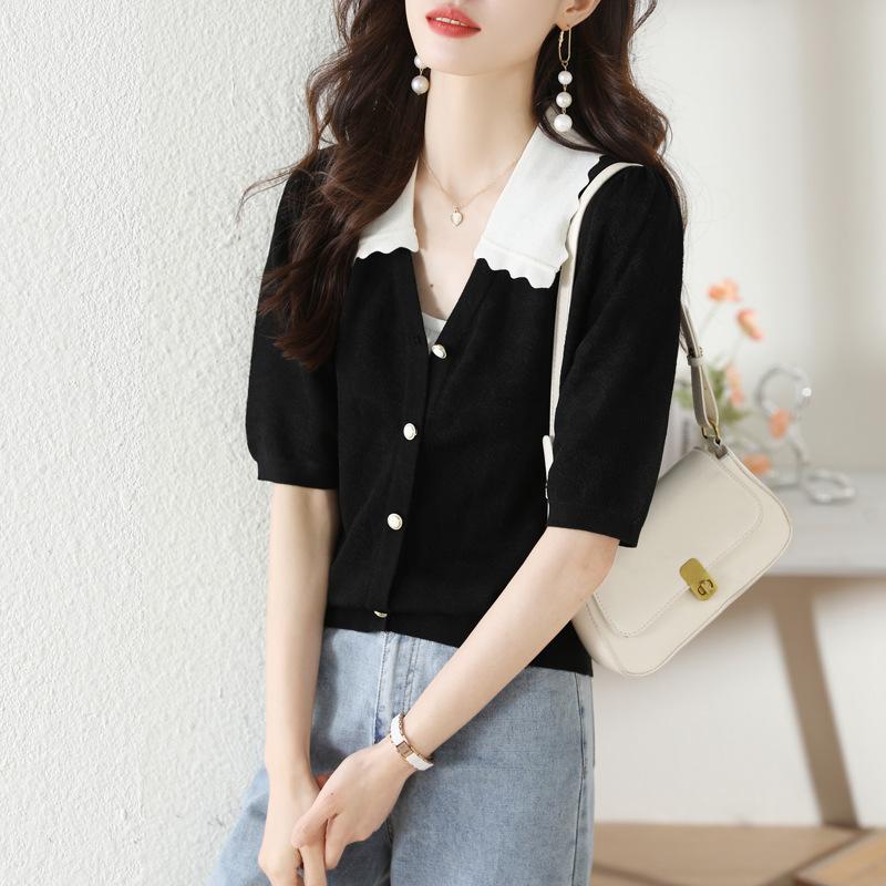 夏季短袖T恤女2023新款设计感小众娃娃领短款上衣薄款打底衫