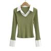 Camiseta de manga larga de dos piezas con cuello polo y costuras en contraste de las Spice Girls para mujer, corte entallado y adelgazante, con rayas en las axilas, para primavera y otoño.