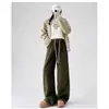 Pantalones Suaves Color Verde Militar para Abuelas, Pantalones Largos Casuales de Lana de Cordero con Cordón, Pierna Ancha Suelta para Invierno