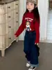 Pantalones de Pierna Ancha de Mezclilla Azul Oscuro Estilo Retro Americano para Niñas Yuyu Princess, Pantalones Casuales Sueltos de Corte Recto para Otoño con Dobladillo Enrollado