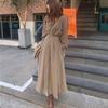 Chic Coreano Estilo Primavera y Otoño Francés Elegante Cuello en V Plisado de un Solo Botón Corbata Vestido Largo Holgado para Mujer Versátil