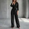 Macacão casual de moda novo, estilo europeu e americano, cor sólida, gola V, manga longa, perna larga, solto, feminino, 2026, transfronteiriço
