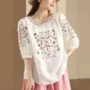 Verão Novo Estilo Solto Casual Fino Gola Redonda Blusa Feminina Bordado Artístico Algodão Linho Manga Curta Camisa Feminina