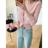 Suave V-neck Design Sense de manga comprida malha Cardigan Mulheres Início da Primavera Novo Single-breasted All-match Chic Short Top Ins
