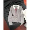 Bordado de cachorrinho com laço Gola polo Cardigã de tricô estilo faculdade coreana feminino outono suéter de tricô trançado jaqueta top