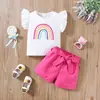 Conjunto de duas peças de verão para meninas, estilo ins, com mangas tipo asa de borboleta e estampa arco-íris + shorts, moda estilo europeu e americano