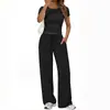 2026 Amazon estilo europeo y americano simple cuello redondo manga corta cordón pierna ancha pantalones casual conjunto de dos piezas para mujer en stock