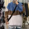 Suéter Color Block Listrado Vintage Masculino 2024, Tricô Espessado para Outono e Inverno, Modelagem Solta Tendência Marca Suéter Jaqueta