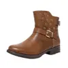 Botines metálicos perforados de estilo francés para motocicleta con punta redonda, tacón grueso, botines western marrones con cremallera y hebilla de cinturón, botines para mujer, zapatos de otoño e invierno