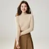 Suéter feminino de cashmere com gola alta parcial, malha canelada slim fit, uma nova base de lã de manga comprida para outono/inverno