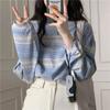 Camiseta de Mujer de Manga Larga a Rayas de Seda de Leche Cuello Redondo Simple y Versátil Estilo Extranjero Diseño de Primavera y Otoño Look Holgado Adelgazante Top