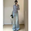 Calça Jeans Flare Retro Americana Azul Gelo para Mulheres, Novo Verão 2026 Cintura Baixa Slim-Fit Bootcut