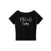 Camiseta Gris de Manga Corta con un Hombro Descubierto para Mujer, Nuevo Estilo de Verano, Diseño Simple de Letras, Top Holgado con Escote Asimétrico
