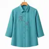 Nova blusa de algodão de verão para mães com mangas três quartos, top liso 100% algodão para mulheres de meia-idade e idosas, cardigã estiloso para vovó