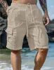 Shorts de algodão e linho transfronteiriços com cordão cintura elástica perna reta cor sólida respirável diário praia cinco pontos calças casuais