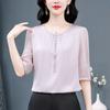 2025 Verano Nueva blusa elegante de talla grande para mujeres de mediana edad y mayores Ropa nueva moda Camisa de color sólido Camisa de gasa fina