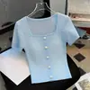 Top de punto para mujer de manga corta, estilo nuevo de verano, cuello cuadrado, hueco, con botones de perla, corte ajustado, seda helada, estilo francés suave