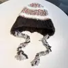 Gorro de Punto Cálido Estilo Étnico con Cordón para Otoño e Invierno con Jersey de Retazos Rayados, Forro Polar, Ala Ancha, Gorro Engrosado