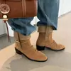 Botines de Gamuza de Vaca Estilo Relajado Melanoides 2026 Tacón Medio Grueso Punta Redonda Hebilla Plisados Piel Genuina Tobillo 41