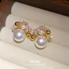Pendientes de Plata Recubiertos de Oro Real de 18K con Aguja de Plata, Circonita y Perla, Pendientes de Lujo Ligero de Gama Alta, Pendientes de Estilo Retro Francés para Mujer