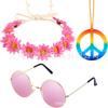 Accesorios de Disfraz Hippie de los años 60 Diadema de Girasol Gafas Redondas y Collar de Cincel de Paz Aretes traje