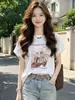 Camiseta elegante de manga curta com recorte nas costas e retalhos de renda para mulheres, nova moda coreana de verão 2026, top justo