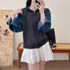 Nuevo abrigo suéter con capucha patchwork transfronterizo de otoño e invierno para mujer, talla petite, suéter de punto de bloques de color denim, ropa de exportación para mujer