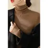 Elegante y sofisticado suéter de cuello alto verde oscuro con mangas largas, camisa base tejida para mujer A5455