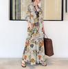 Nuevo 2024 estilo japonés coreano algodón lino estampado solapa manga larga bolsillo simple suelto casual vestido largo tipo camisa