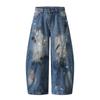 Calça Machete Tingida Suja Velha Lavada Estilo Americano Vintage Masculina e Feminina Tendência Design Gradiente Senso de Design Calça de Perna Larga de Alta Qualidade