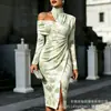 Transfronterizo Nuevo Estampado Digital Casual Personalidad Moda Temperamento Vestido de Manga Larga Hombros Descubiertos Falda Primavera y Otoño Mujer