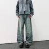 Calça Jeans Masculina Retrô Americana com Estampa de Letras para Primavera e Outono, Modelo Largo de Perna Reta, Marca Tendência, Design Desgastado, Calça de Perna Larga