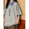 Camiseta de Manga Corta Holgada Estilo Retro de Verano para Estudiantes Hombres y Mujeres con Top de Cuello Polo Empalmado Falso de Dos Piezas