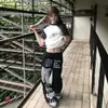 Pantalones deportivos para hombre con estampado de letras retro americano, azul marino, cintura elástica, corte holgado, pierna recta ancha
