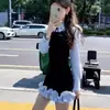 Vestido de principios de otoño estilo coreano con bloques de color, cuello tipo polo y ribete de volantes, un artículo de moda popular para mujer este año, con cintura entallada y diseño de patchwork, adecuado para ventas transfronterizas