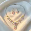 Set de Collar y Aretes de Flor de Circonia Transfronterizo Europeo y Americano, Cadena para Clavícula de Diseño Vintage, Elegante Set de Collar de Lujo Ligero
