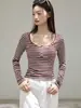 Camiseta de manga larga para mujer, estilo Henley americano, con botones, rayas de contraste, de Lyocell Tencel, nueva tendencia otoño 2026