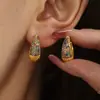 Pendientes Xinyixin de Círculo con Circonita Colorida Turquesa Azul, Elegantes Clips para Orejas, Pendientes para el Trabajo, Acero Inoxidable Chapado en Oro Real de 18K