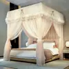 Mosquitero de pie estilo princesa de palacio con apagón y tres puertas, marco grueso desmontable, dosel de cama bordado de doble capa anti-mosquitos